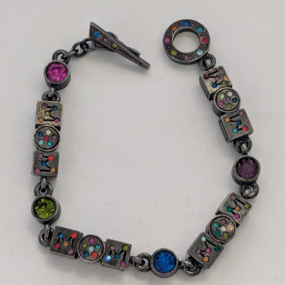 PATRICIA LOCKE MMI USA Antique Pewter Finish "MOM" Rhinestone Geometric Bracelet